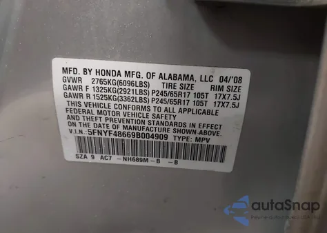 2009 Honda Pilot Ex-L z USA, uszkodzony, nr VIN 5FNYF48669B004909